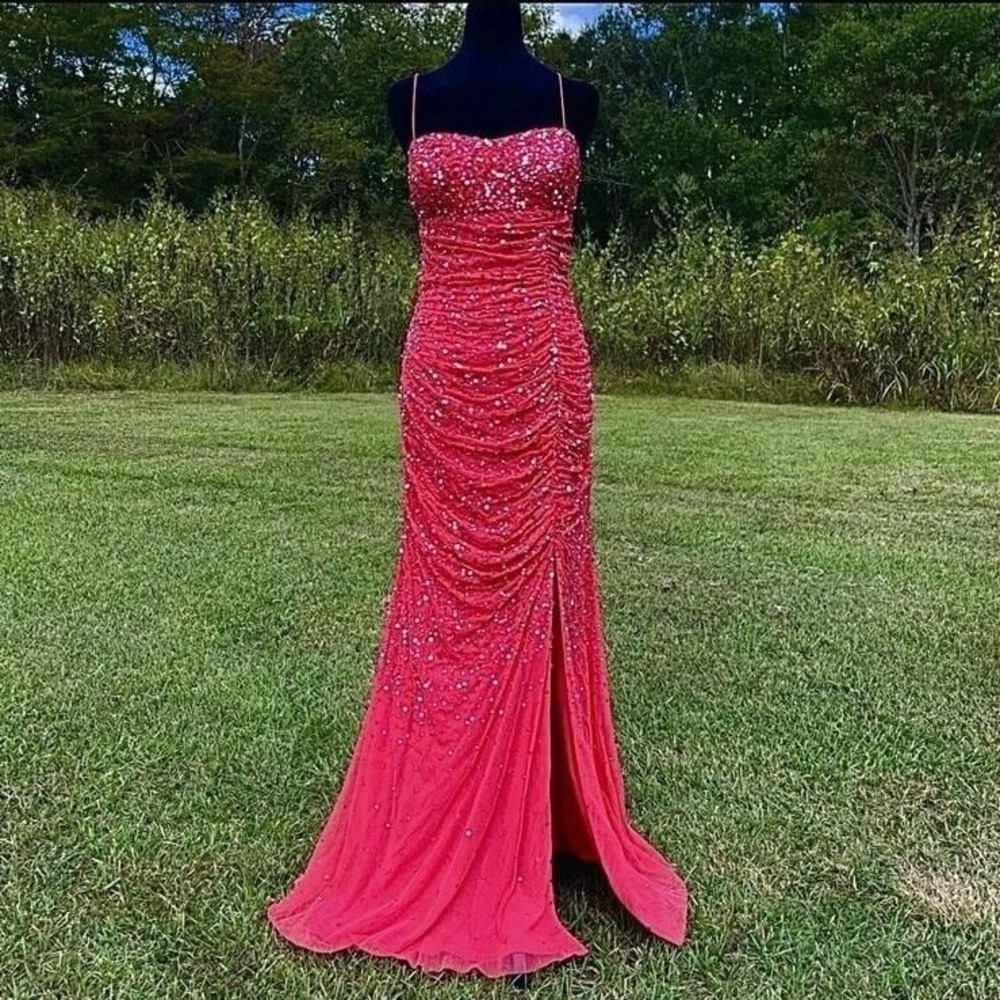 Vtg 90s Y2K Cache Beaded Maxi Dress S Red Chiffon Overlay Slit Mermaid HoCo Gown